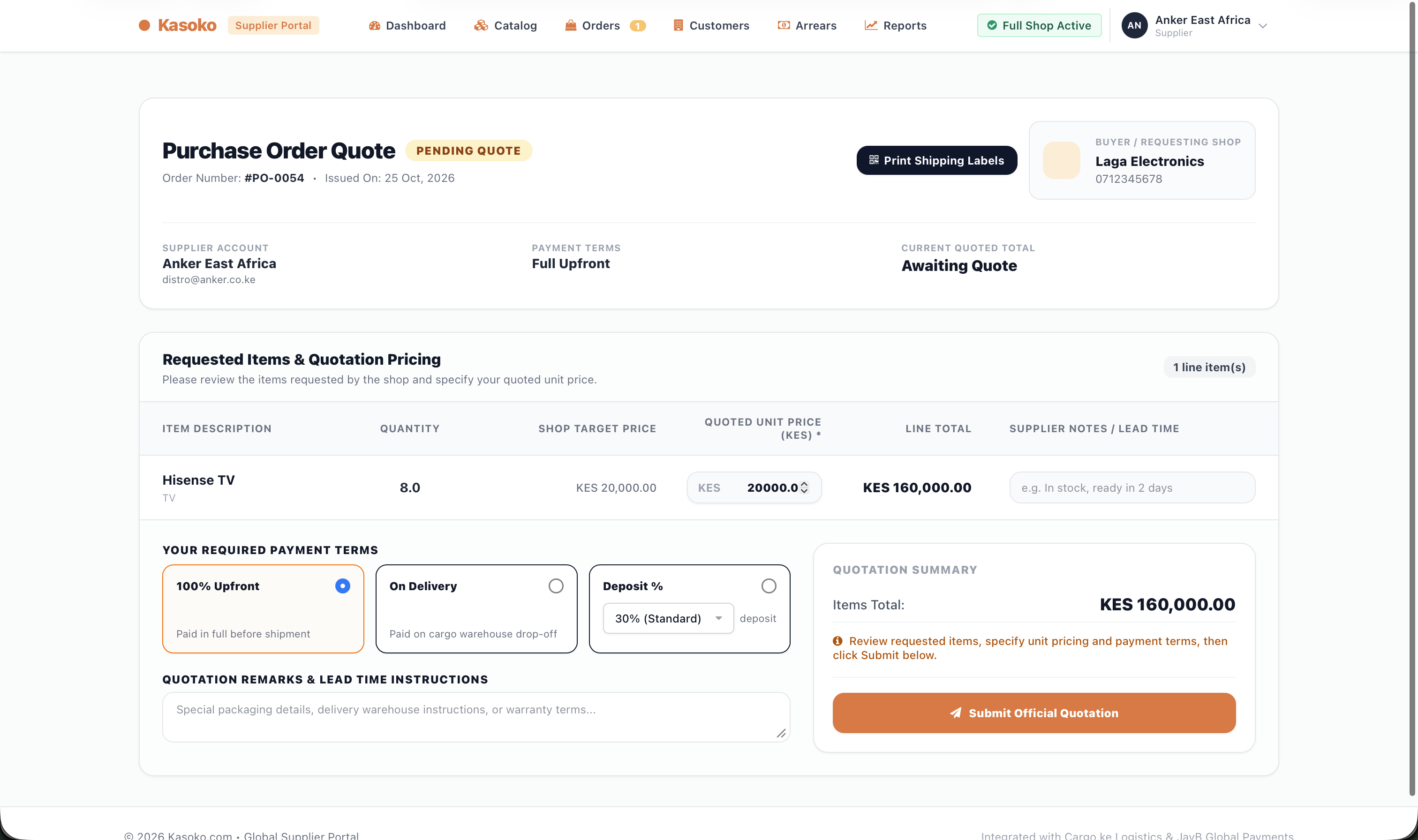Kasoko Supplier Portal for PO #0054 where supplier enters unit prices, chooses payment terms, and prints shipping labels